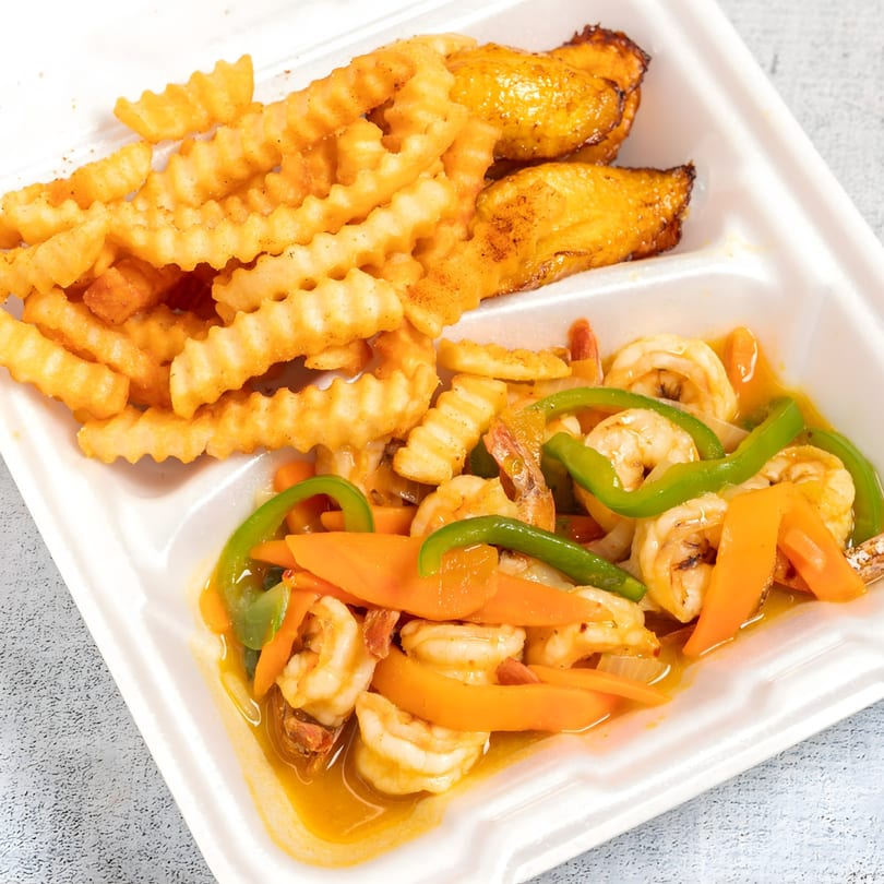 Top Taste Grill's shrimp stir-fry with bell peppers, carrots, onions, crinkle-cut fries, and plantains.